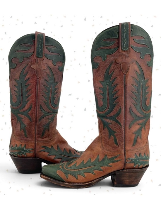 Lucchese Shoes - Vintage Lucchese Classics Western Boot Cowboy Green Overlay Brown Leather Size 6